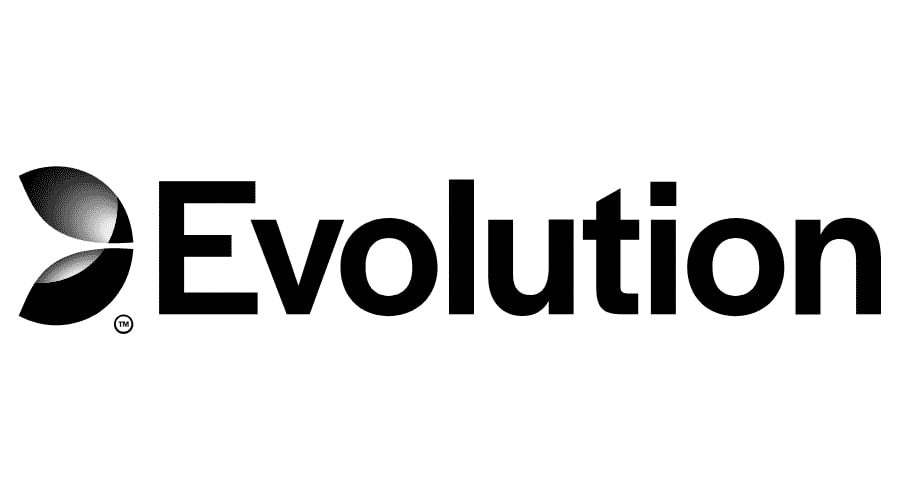 The Evolution Gaming logo in black text on a white background. The logo features a stylized leaf or petal shape to the left of the word "Evolution," representing the company's branding for online casino and gaming solutions.