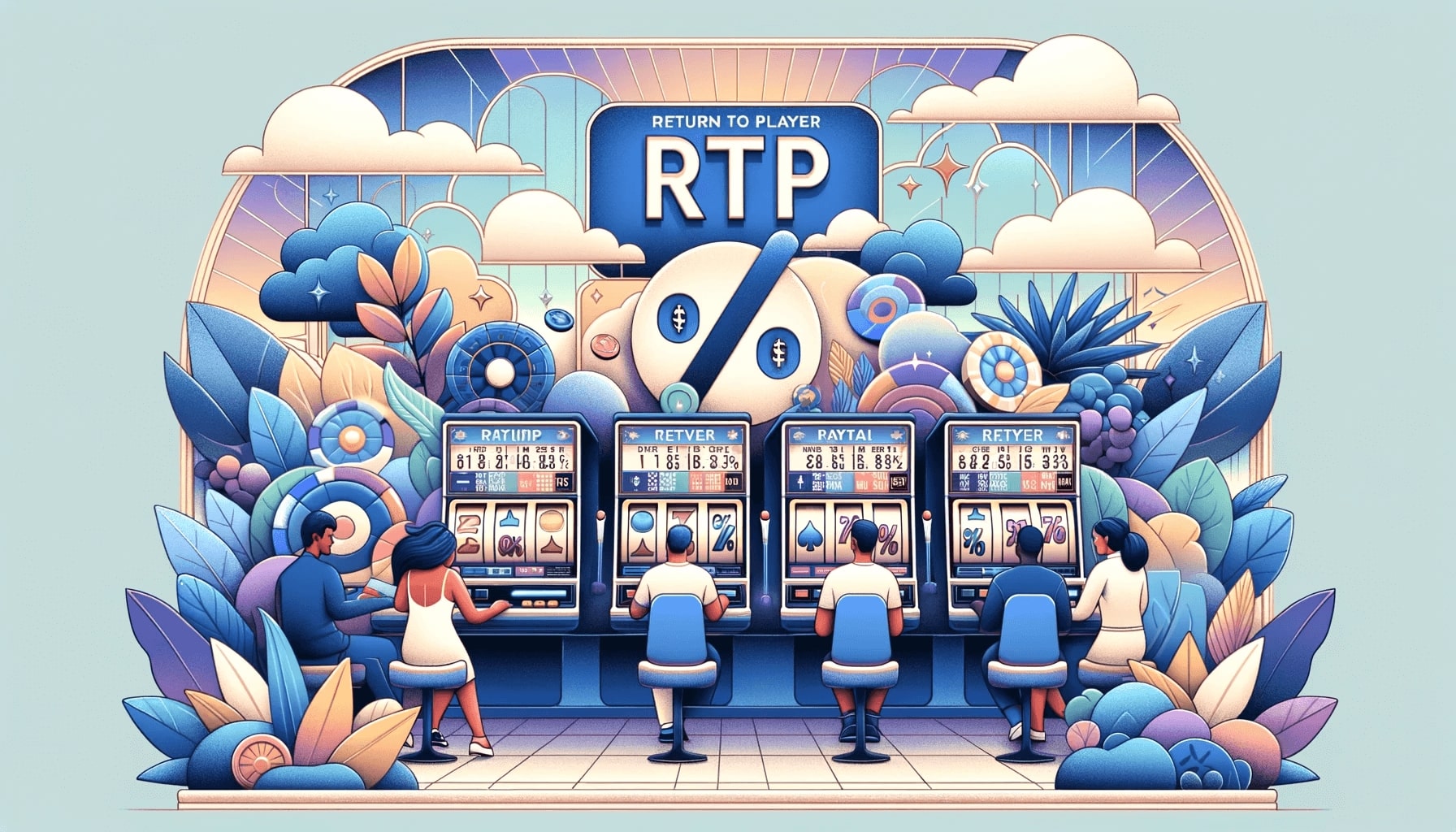 A stylized illustration of a casino scene with five people playing slot machines. The machines display "RTP" (Return to Player) percentages. The background is decorated with pastel-colored clouds, plants, and geometric shapes, creating a dreamy atmosphere.