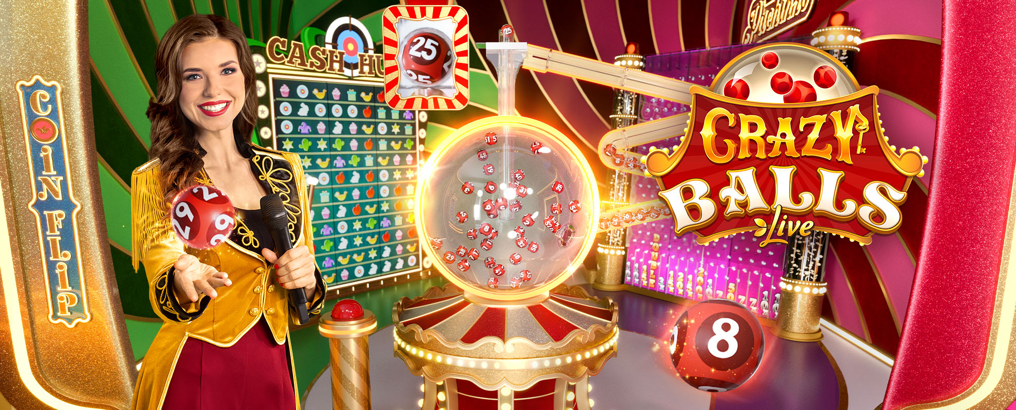 A vibrant casino game show set featuring a woman in a yellow and black outfit standing next to various game elements. The set includes a "Cash or Crash" board, a "Crazy Balls" game wheel, and colorful numbered balls. The background is a mix of green and red with golden accents, creating a lively game show atmosphere.